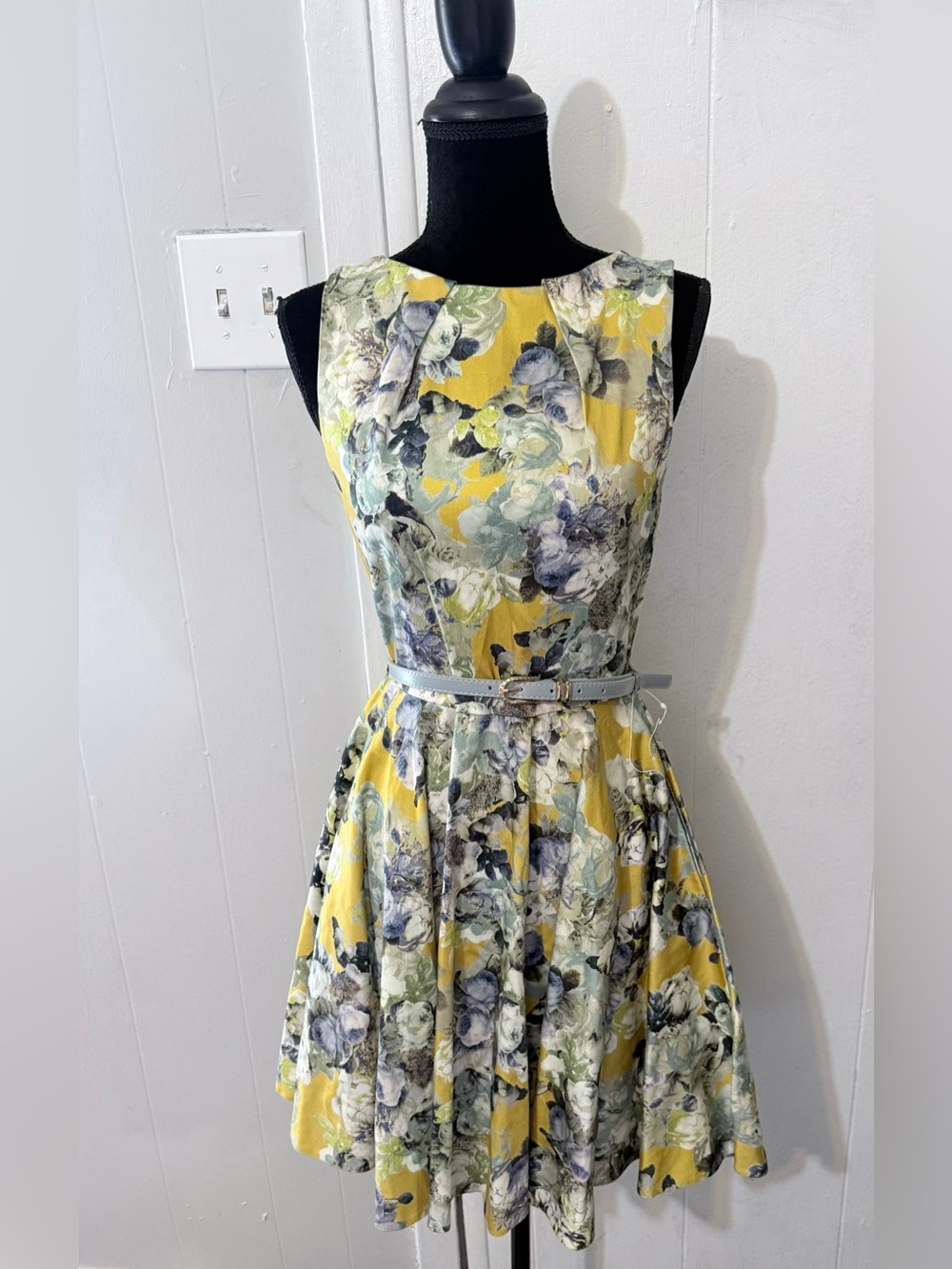 Yellow Floral Fit-and-Flare Mini Dress with Belt